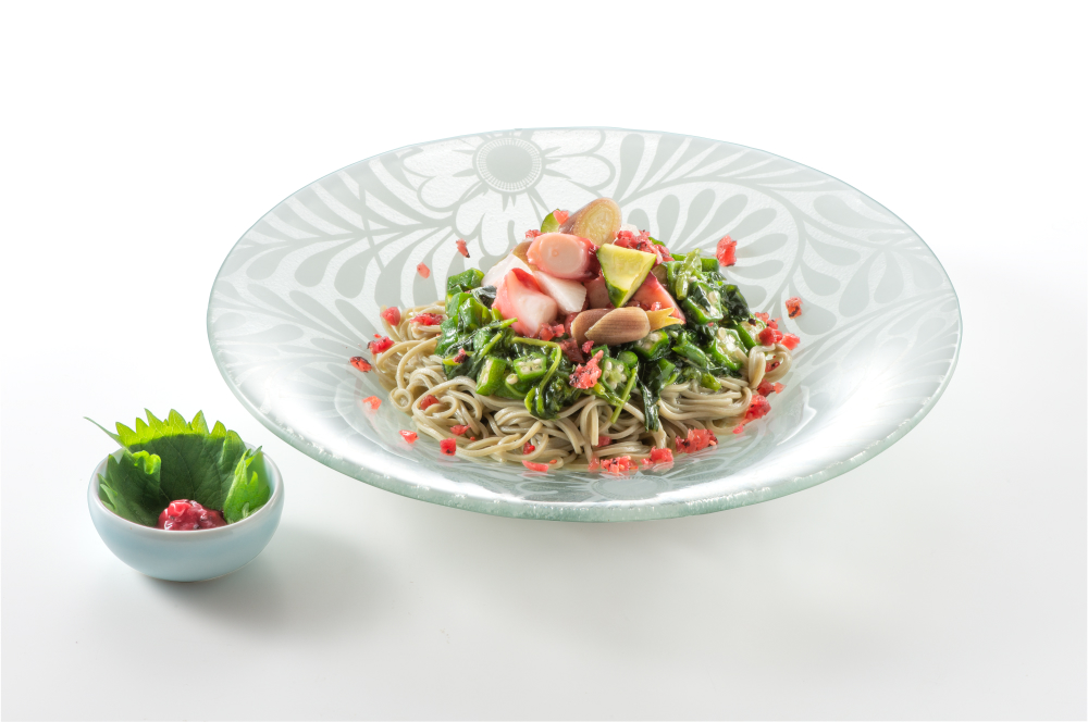 梅と香味野菜でさっぱり　タコネバぶっかけそば